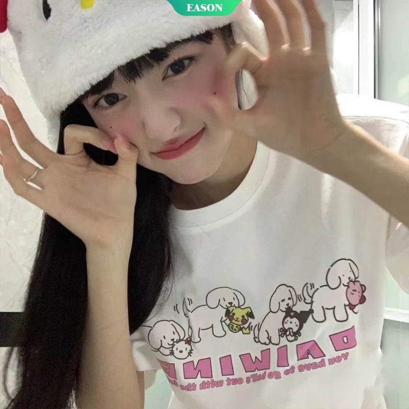 Sanrio Áo Thun Tay Ngắn In Họa Tiết Hoạt Hình Kirby Kuromi Và Pikachu Dễ Thương Thời Trang Mùa Hè Cho Nữ 2022