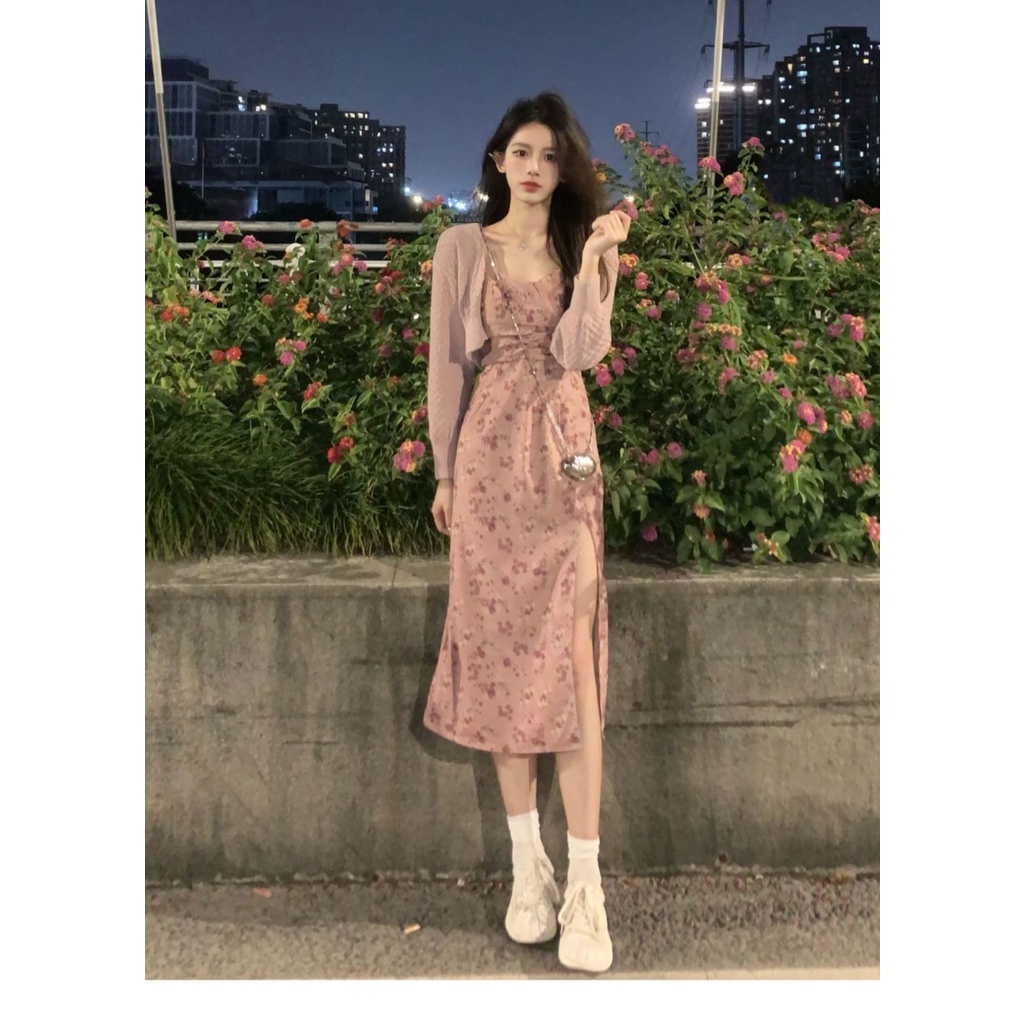 Set váy hai dây kèm áo ngắn dệt kim khoác ngoài thời trang xuân thu nhẹ nhàng cho nữ