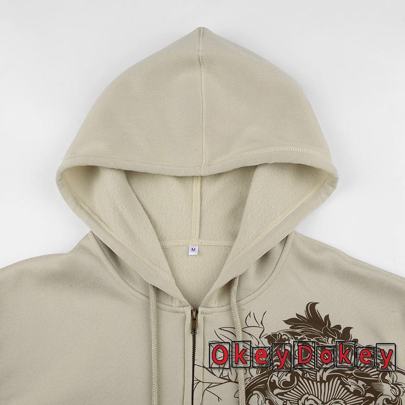 Odokey-y2k Áo Khoác Hoodie Dài Tay Có Khóa Kéo In Họa Tiết Vintage Cho Nữ