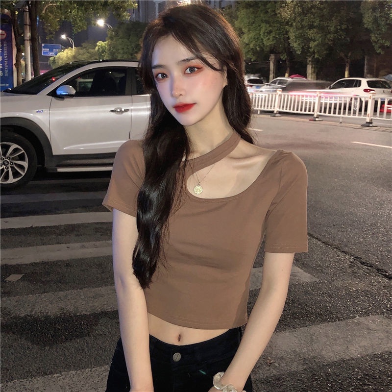 Áo Thun Tay Ngắn Màu Trơn Đơn Giản Cho Nữ 156300 Áo Thun Dáng Ngắn Hở Xương Quai Xanh Quyến Rũ Trẻ Trung Cho Bạn Gái