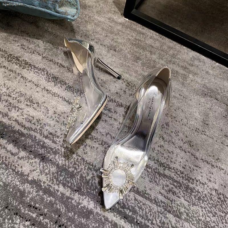 ℗high heels female 2021 new crystal diamond buckle transparent single shoes stiletto pointed toe fashion all-match fairy wedding