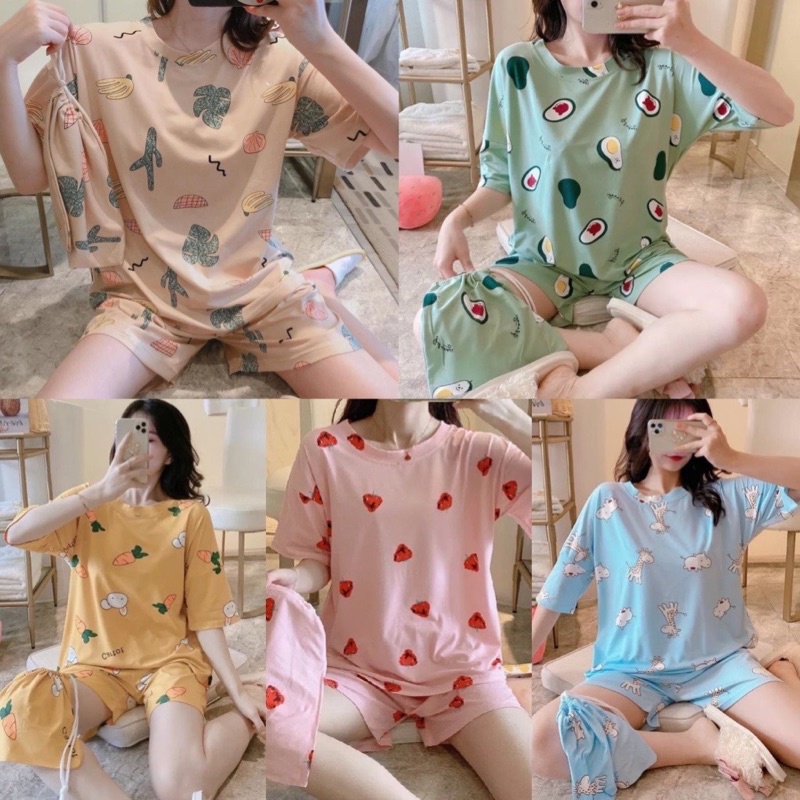 Bộ cotton mặc nhà kèm túi rút (chất đẹp)
