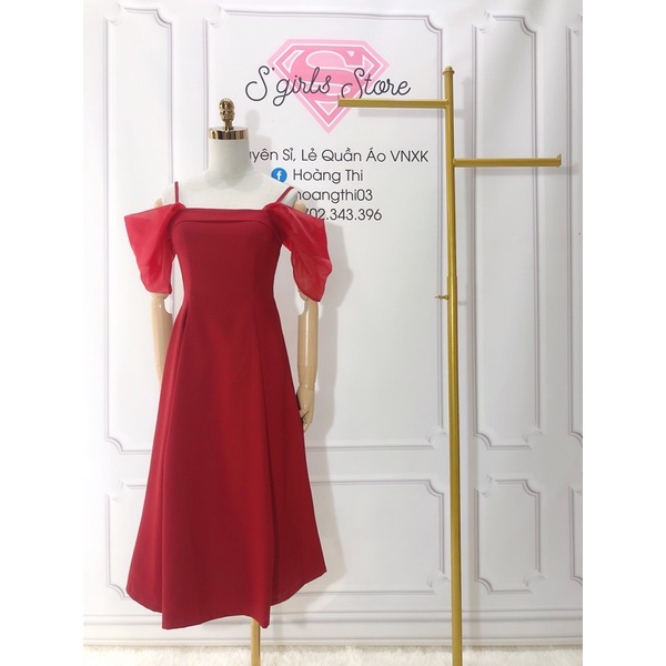 (Kèm hình thật sàn + treo) ĐẦM MIDI ĐỎ XOÈ 2S RỚT VAI PHỐI TAY VOAN 💕