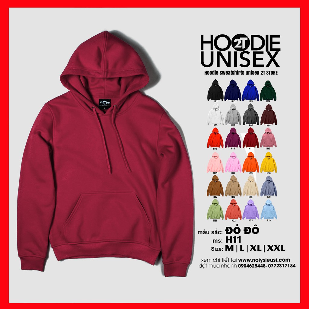 Áo hoodie unisex 2T Store H11 màu đỏ đô - Áo khoác nỉ chui đầu nón 2 lớp dày dặn chất lượng đẹp