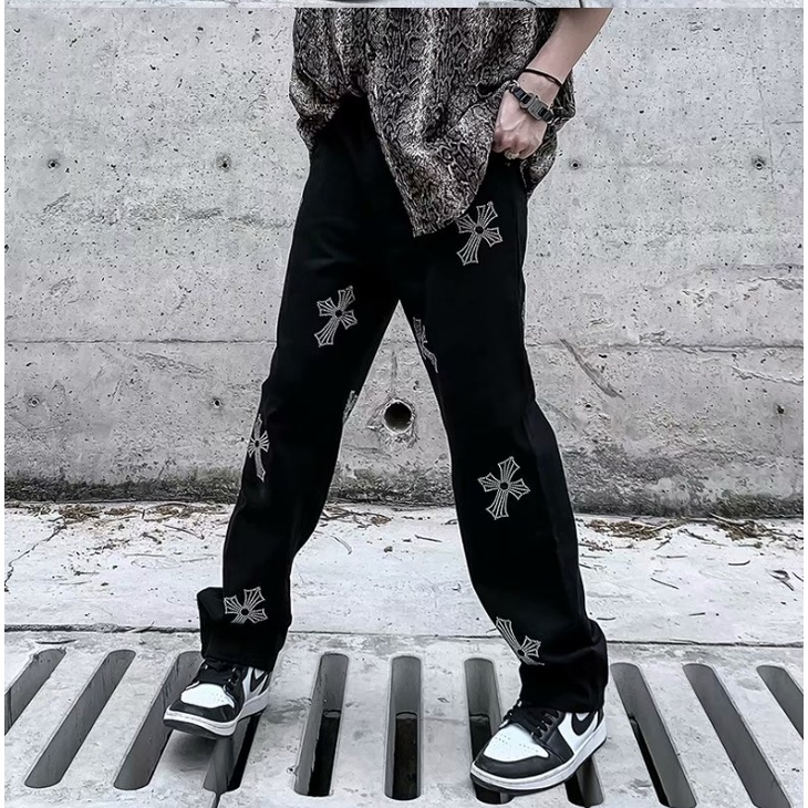 ThờI Trang QuốC HàN ĐẹP Quần Jean Đen Dáng Suông In Chữ Thập Cá Tính Phong Cách Harajuku Cho Nam QuầN VảI ỐNg SuôNg Nam