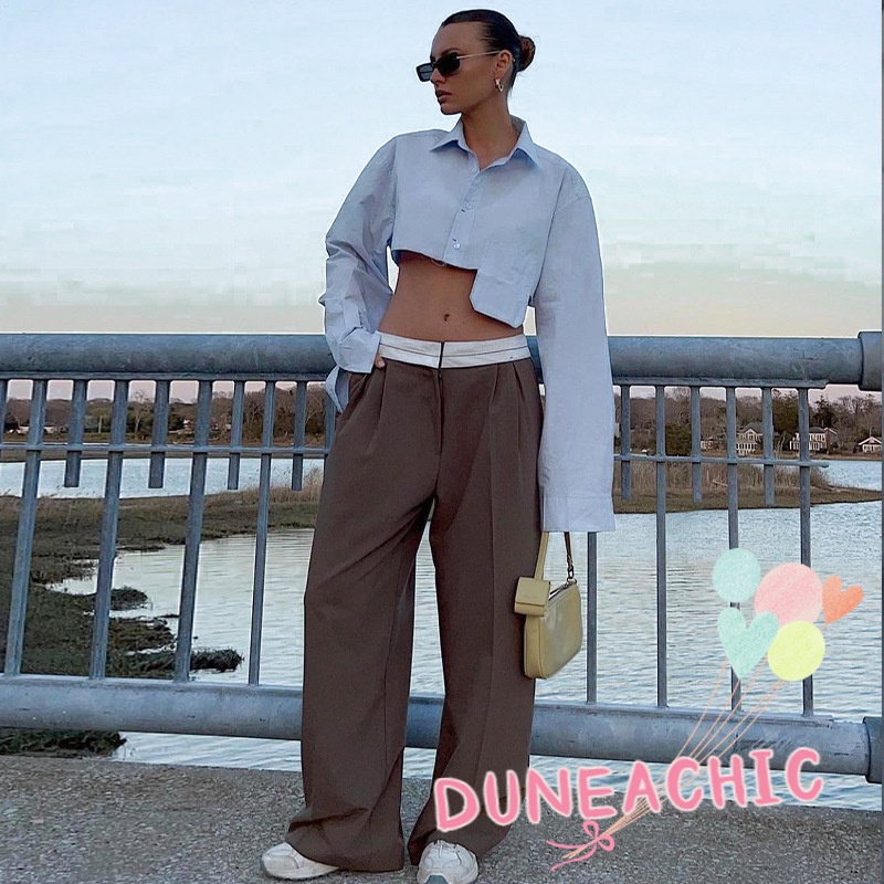 Áo sơ mi DUNEA dáng ngắn cổ polo có túi thời trang dành cho nữ