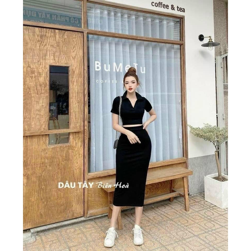 Set Áo Cổ Bẻ Chân Váy Dài Cotton 4 Chiều Tôn Dáng