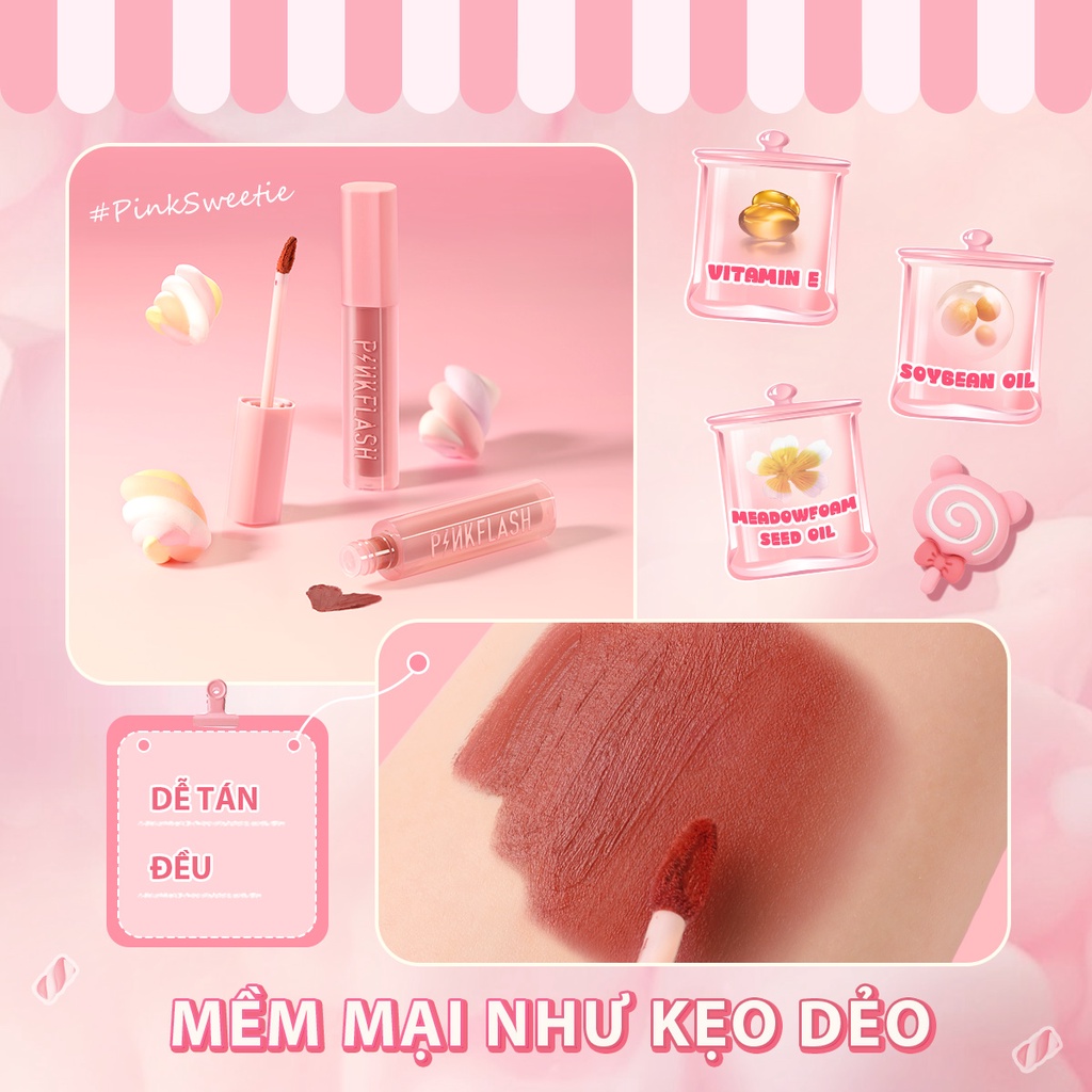 PINKFLASH #Pinksweetie Fuzzy-Soft Velvet Matte Lip Clay Lip Mud High Pigment Thành phần dưỡng ẩm Mượt môi bùn cho môi & má