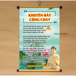 Tranh chữ Khuyên Hãy Cúng Chay 40x60cm chất liệu vải phủ bóng cao cấp dày dặn