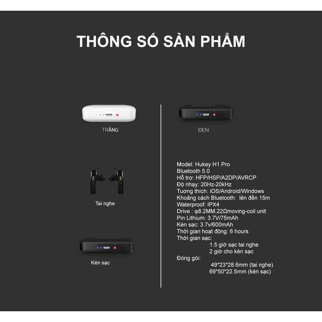 Tai nghe không dây true wireless HUKEY H1 PRO - siêu bass- Chip qualcomm APTX- đối thủ SABBAT ULTRA