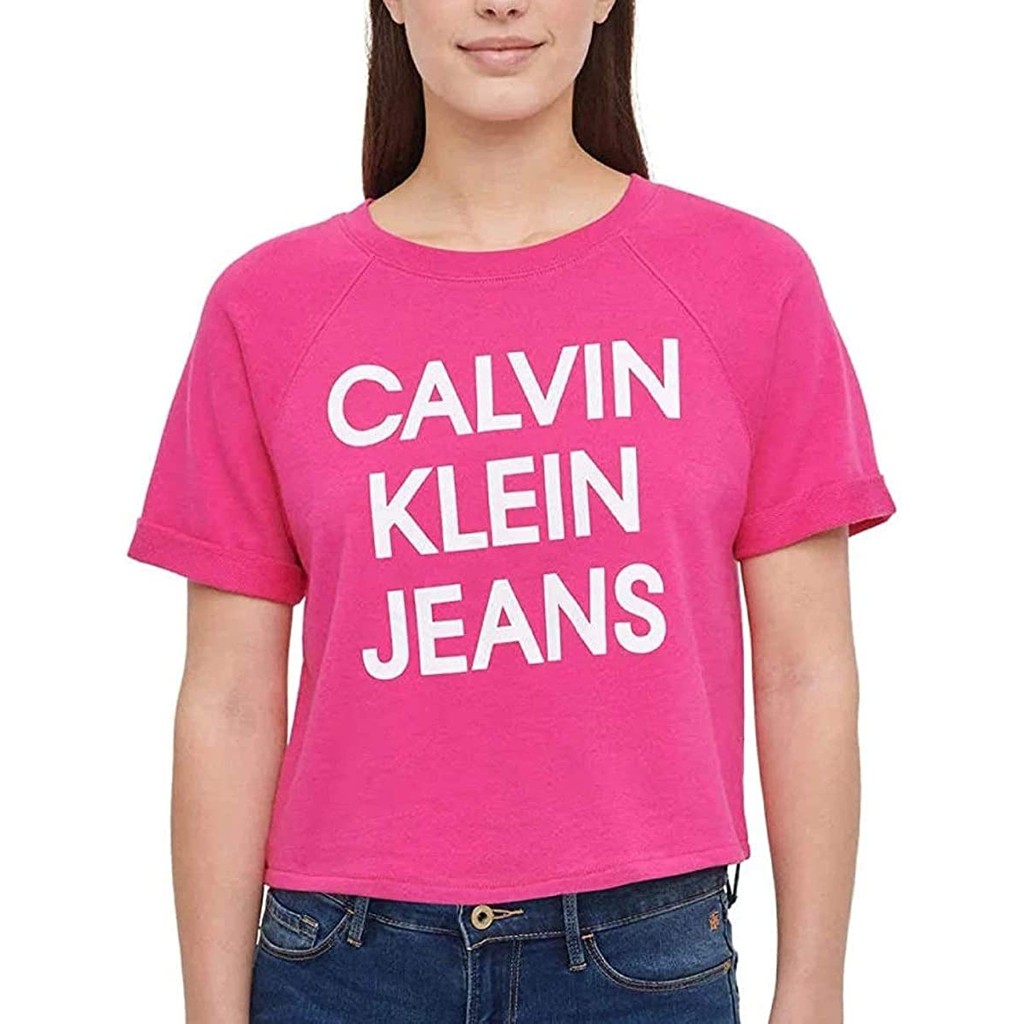 Áo thun Croptop nữ Calvin Klein cổ tròn vải cotton thoáng mát - chính hãng xuất dư.
