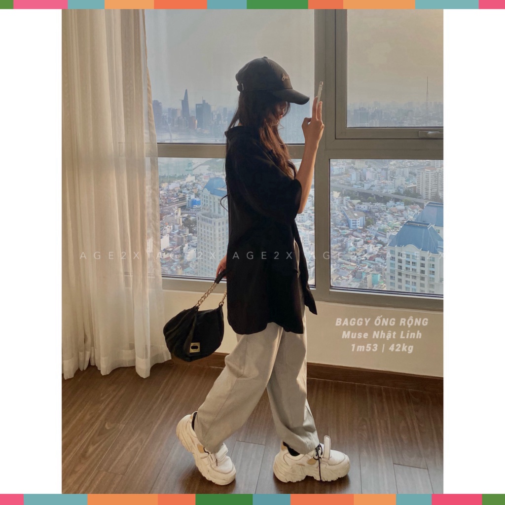 Quần nữ ống rộng suông lưng cao vải kaki cotton chính hãng AGE2X phong cách Hàn Quốc