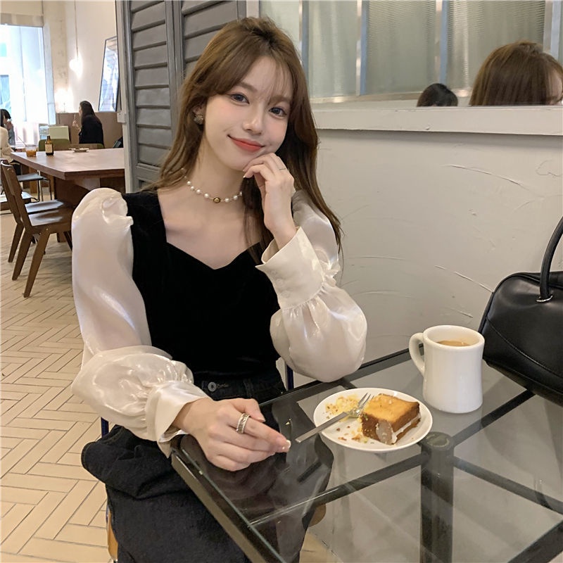 Áo Sơ Mi Tay Phồng Chất Liệu Nhung Thời Trang 2022 Phong Cách Vintage Cho Nữ