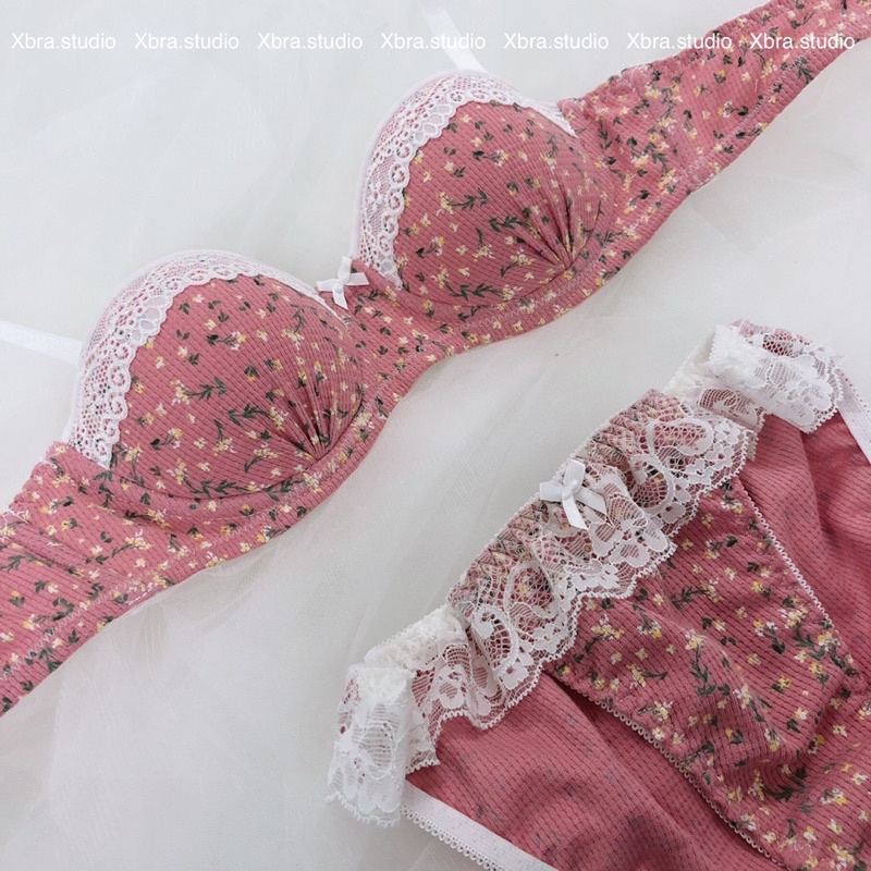 Set đồ lót áo cup ngang CÓ MÚT hoa nhí hồng đỗ phối ren | BigBuy360 - bigbuy360.vn