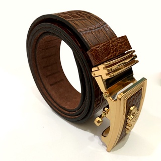 Thắt Lưng Nam Da Bò Nguyên Miếng 1 Lớp Màu Nâu Đậm Dập Vân Cá Sấu Mặt Khóa Tự Động Gold