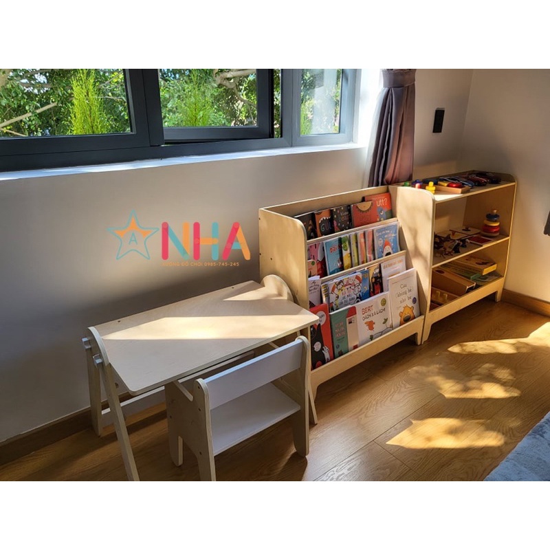 Kệ sách Montessori cho bé, kệ sách gỗ trẻ em, giá sách cho bé