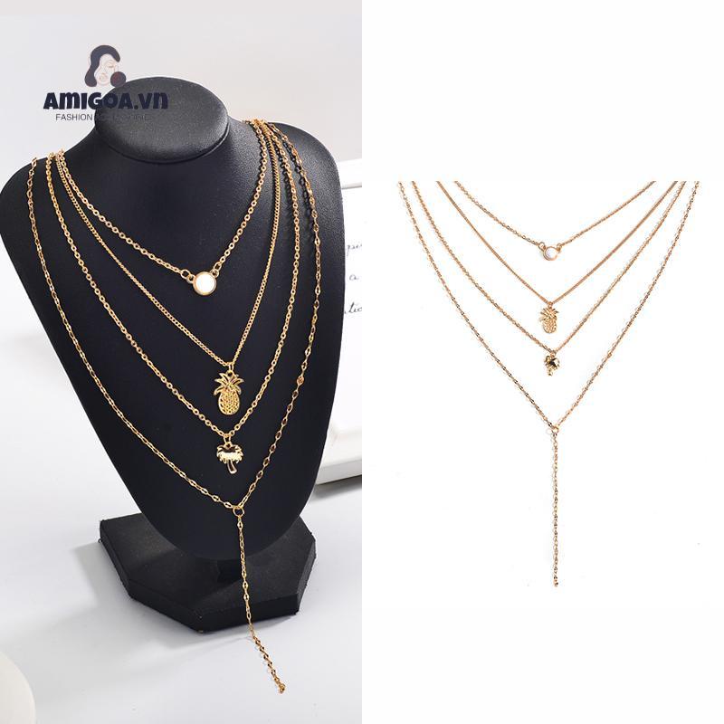 Vòng cổ Nhiều Lớp Mặt Hình Cây Dừa Và Quả Dứa Thời Trang