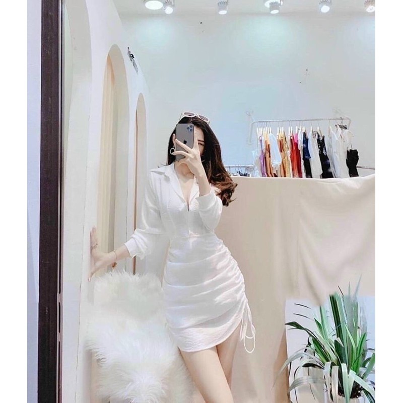 ĐẦM SƠMI BODY RÚT DÂY TRẮNG ĐEN, ÁO SƠ MI FORM DÀI TAY NHÚN SIÊU XINH | BigBuy360 - bigbuy360.vn