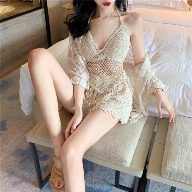 Set yếm tua rua hot hit - set biển - set 3 món - bra yếm + quần ren hoa + choàng ren hoa nhỏ (có tách rời)