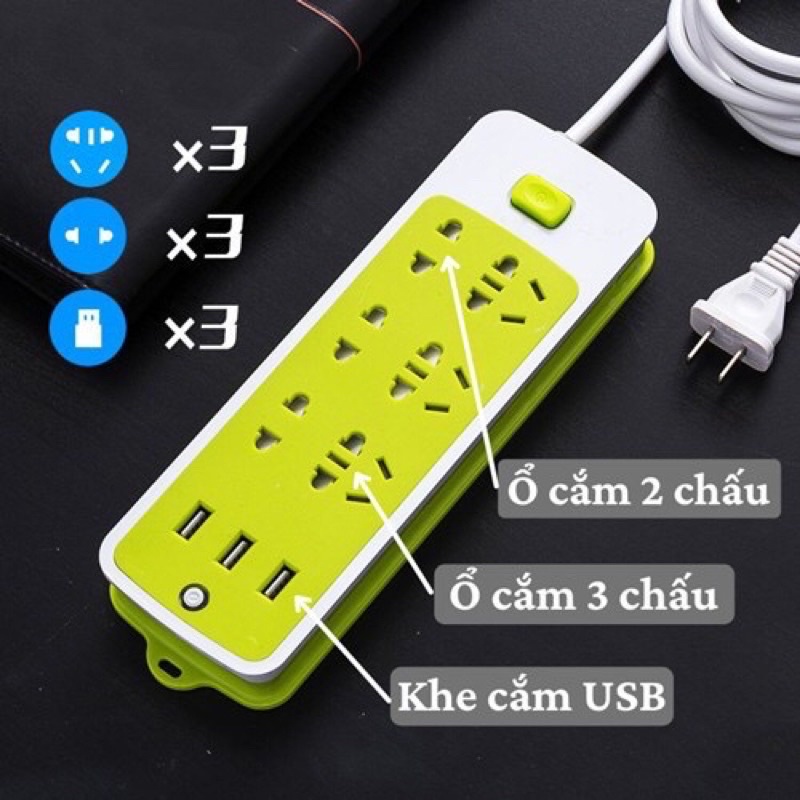 Ổ điện đa năng 6 ổ cắm &amp; 3 cổng sạc usb - Ổ cắm điện xanh lá có cổng USB cho điện thoại, ipad tiện dụng cho gia đình