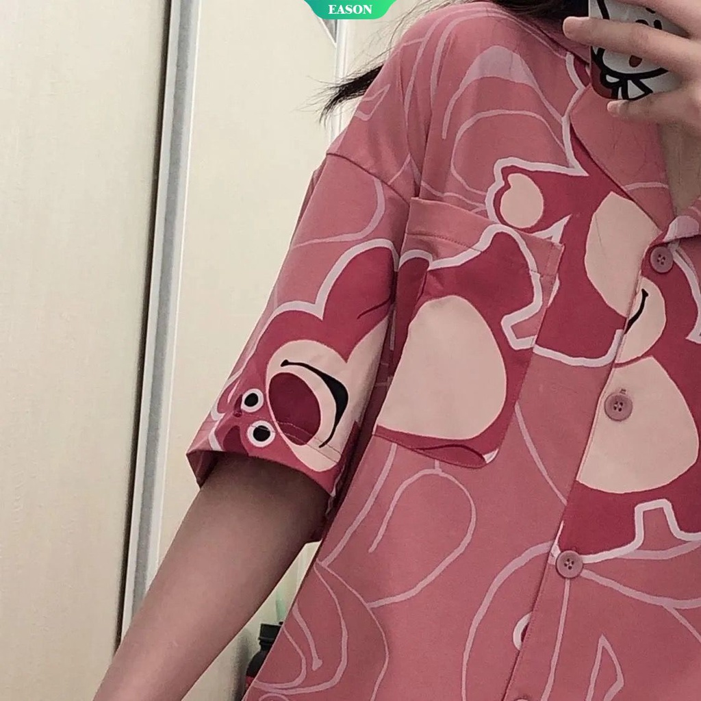 Bộ Đồ Ngủ 2 Món Áo Cardigan Tay Ngắn Phối Quần Short In Hình Dâu Tây Màu Hồng Thời Trang Mùa Hè Cho Nữ