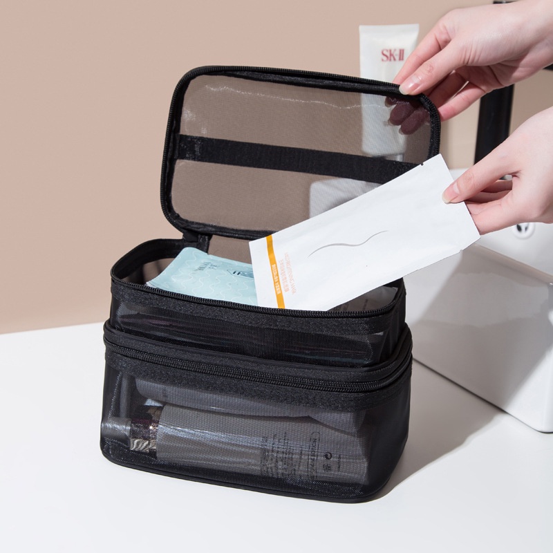 Túi Lưới Polyester Đựng Mỹ Phẩm / Đồ Trang Điểm Màu Đen Có Tay Cầm Trong Suốt Ốp