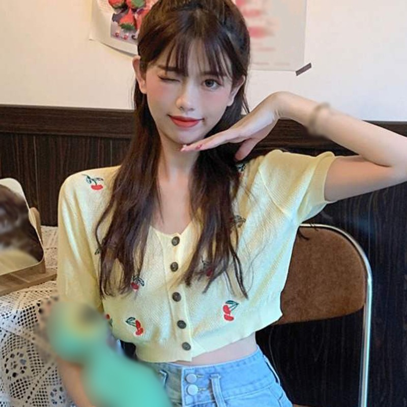 Áo Cardigan Ngắn Tay Thêu Hình Trái Cherry Xinh Xắn Dành Cho Nữ