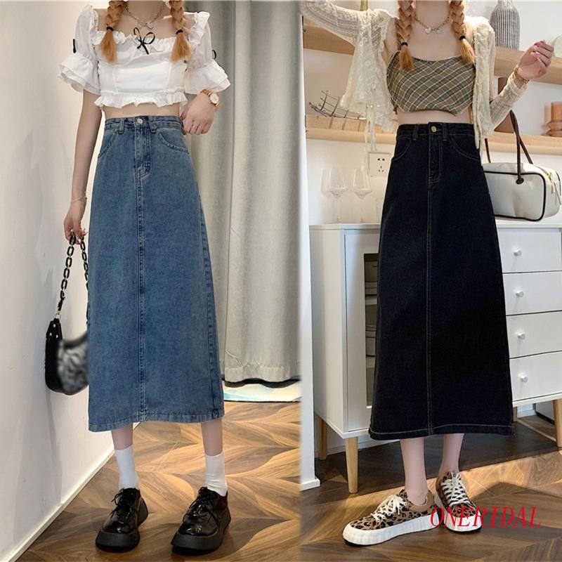Chân Váy Jean Dài Dáng Chữ A Lưng Cao Màu Trơn Phối Nút Xẻ Tà Thời Trang Cho Nữ