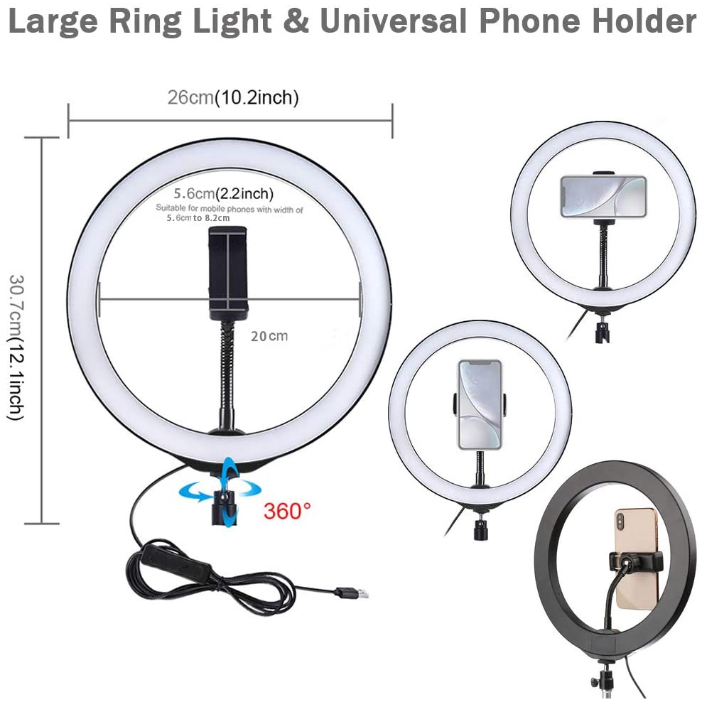 26cm Round LED, Selfie Ring Light, 3 lighting modes and 10 brightness levels Powered USB Support