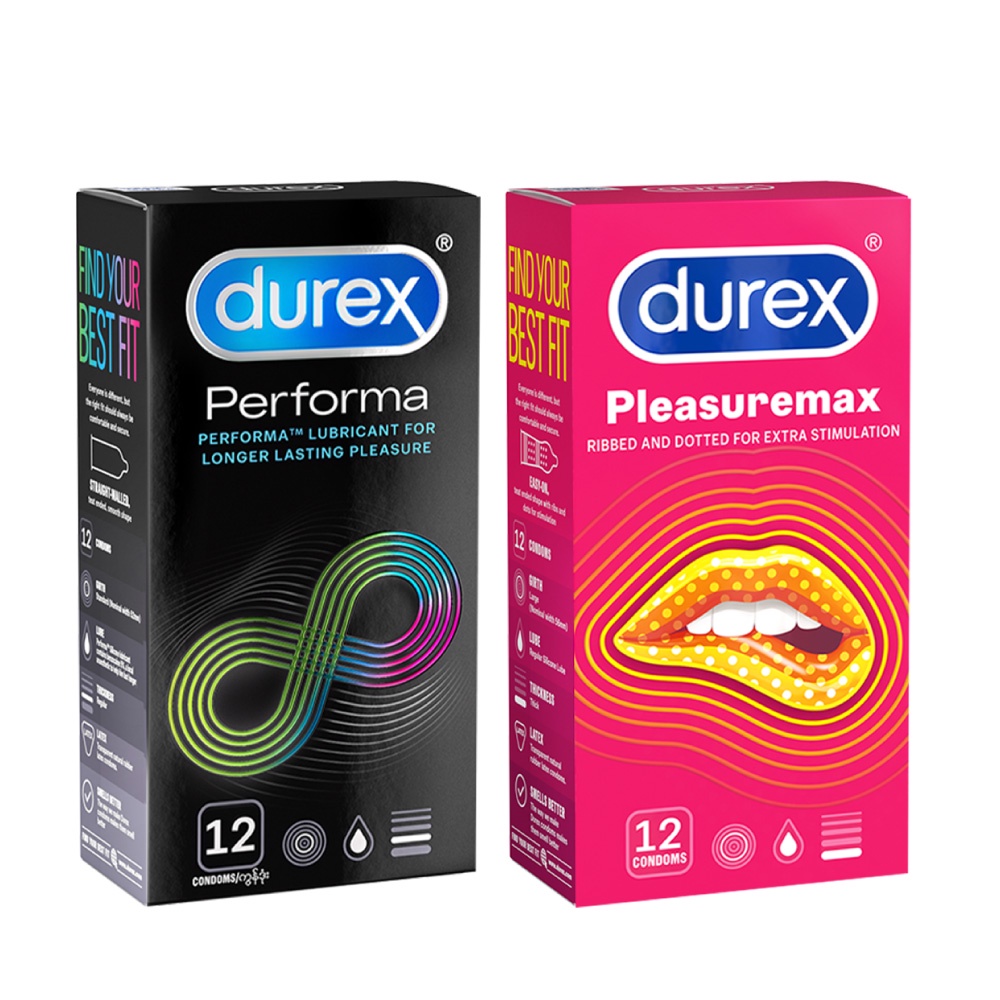Bộ 1 hộp bao cao su Durex Performa kéo dài thời gian size 52mm và 1 hộp Durex Pleasuremax gân gai size  56mm, 12bao/hộp