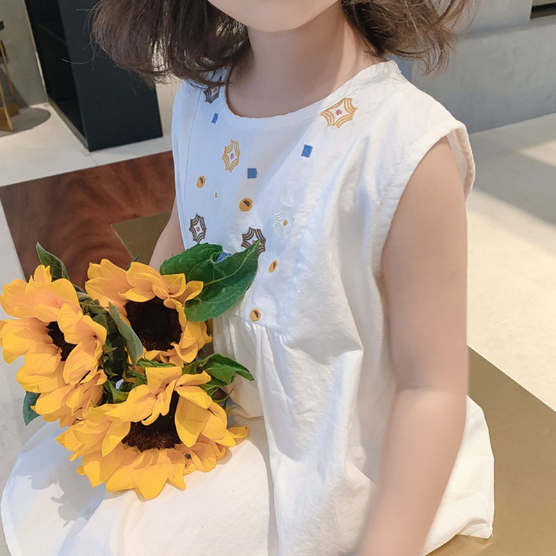 Đầm Chữ A Không Tay Thêu Họa Tiết Dễ Thương Thời Trang Đi Biển Mùa Hè Cho Bé Gái