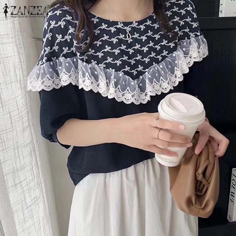 Zanzea Áo Nữ Tay Lửng Cổ Tròn Phối Ren Thời Trang