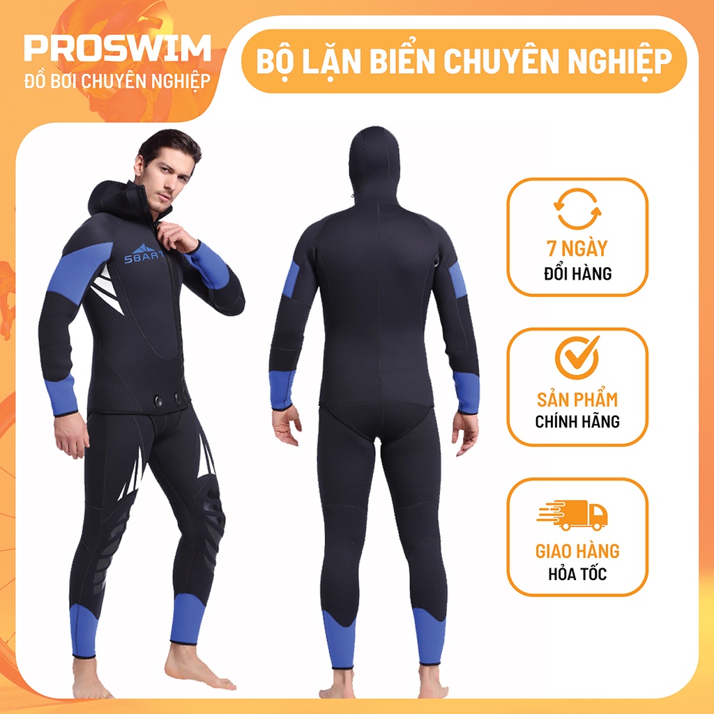 Bộ Đồ Lặn Biển Wetsuit Cao Cấp Sbart Dày 5mm Giữ Ấm Giữ Nhiệt Kéo Khoá 2 Mảnh Có Mũ Trùm Đầu Che Tai