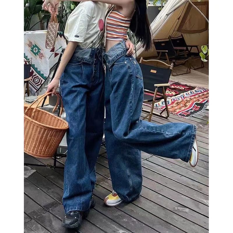 ▤✎✧Quần Jeans Dài Lưng Cao Ống Rộng Phối Rách Phong Cách Retro Mỹ Thời Trang Mùa Hè Mới Cho Nữ