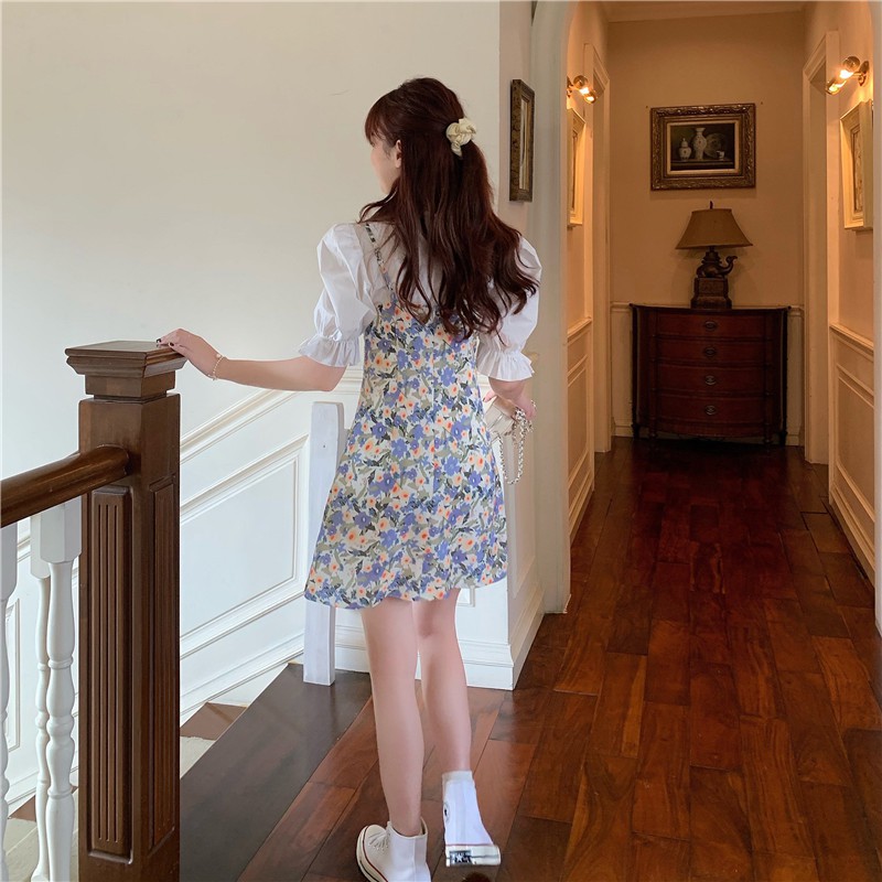 Xiaozhainv Áo tay phồng / Đầm Hoa Phong Cách Hàn Quốc Xinh Xắn Cho Nữ