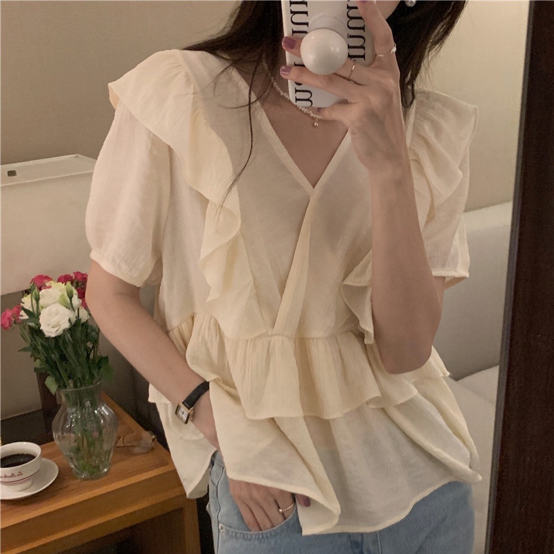 SUXI Áo Sơ Mi Tay Ngắn Cổ Chữ V Màu Sắc Ngọt Ngào Phong Cách Hàn Quốc Thời Trang Mùa Hè Cho Nữ