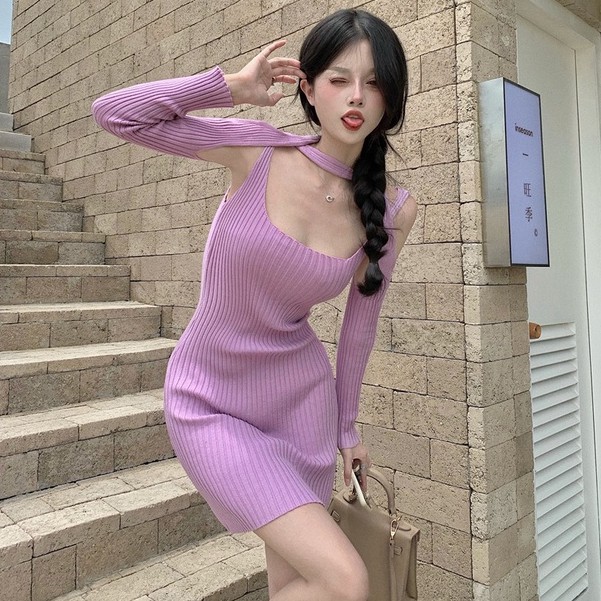 Đầm dệt kim tay dài phối khăn choàng thời trang cho nữ