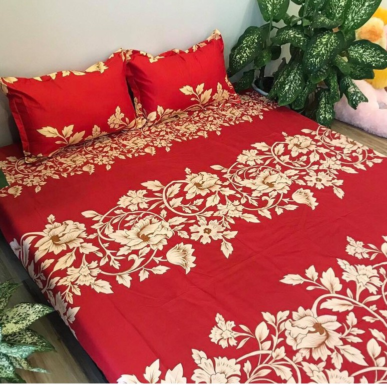 Sét Chăn Ga Gối 5 Món Cotton Poly Emmidecor Mẫu Hoa Móc Đỏ