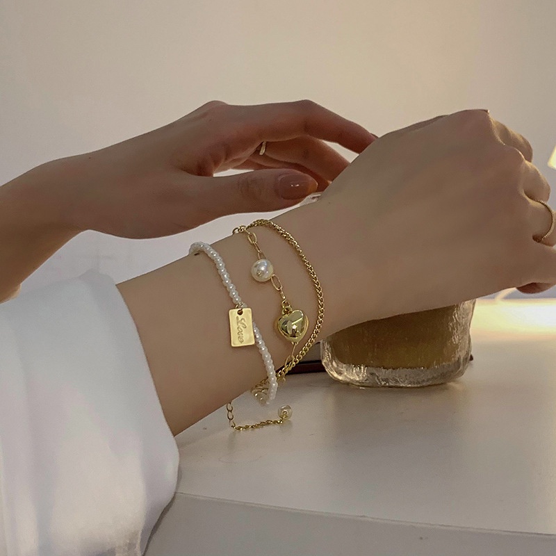 OIMG  Vòng Tay Nhiều Lớp Đính Hạt Ngọc Trai Và Trái Tim Xinh Xắn Cho Nữ