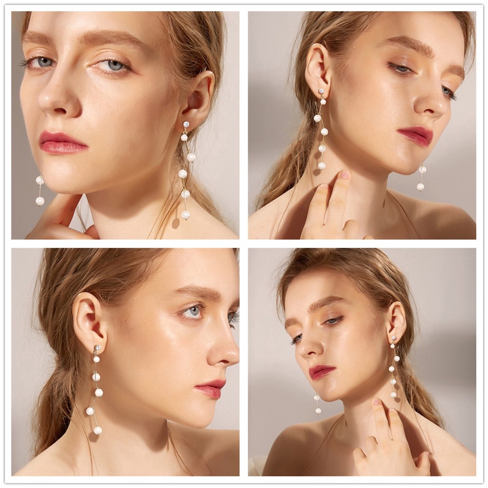 Khuyên tai kiểu dây dài đính hạt trắng xinh xắn dành cho phụ nữ khi đi dự tiệc