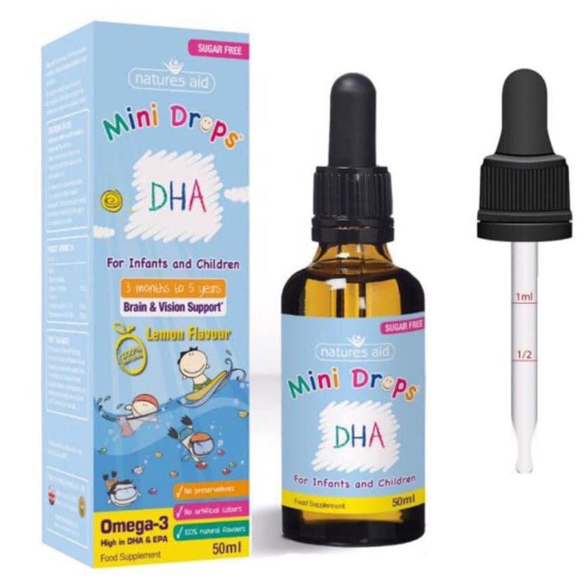 DHA cho bé Natures Aid DHA Drops, Anh (50ml dạng giọt) giúp phát triển não cho trẻ sơ sinh từ 3 tháng tuổi đến 5 tuổi