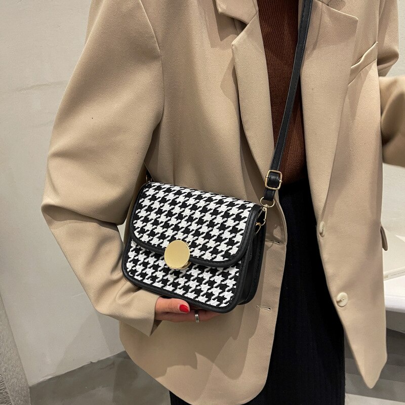 Túi đeo vai JASMIN NOIR bằng len in họa tiết houndstooth phong cách cổ điển thời trang cho nữ