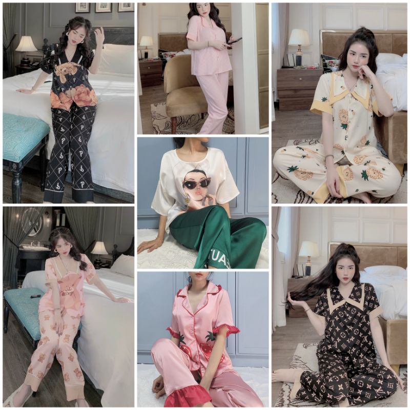 Bộ Pijama, Đồ bộ nữ mặc nhà lụa satin cao cấp mềm mịn hoạ tiết siêu dễ thương