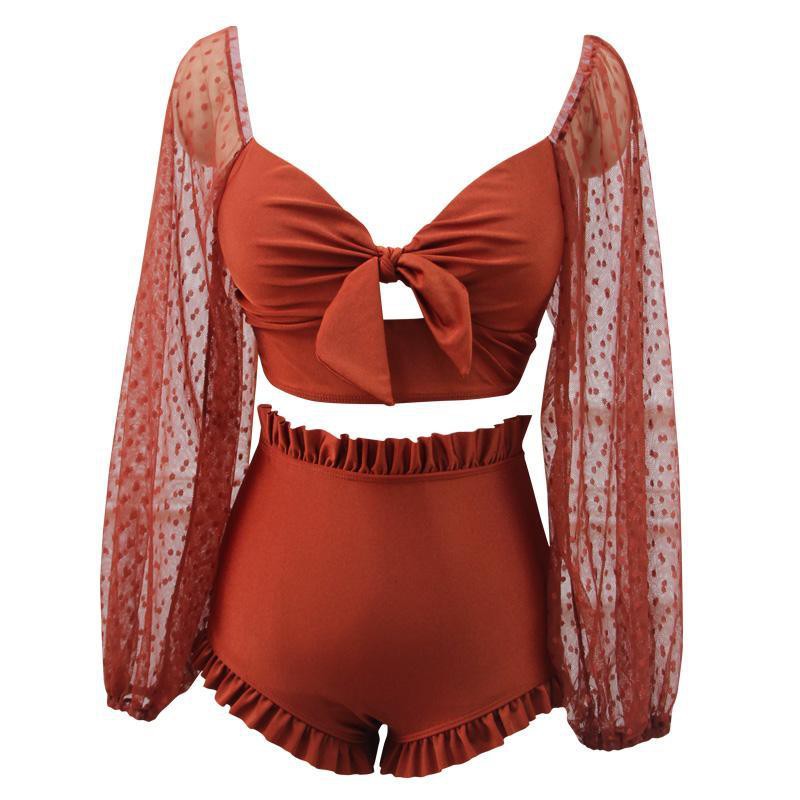 ▪✱Áo tắm retro hàn quốc nữ tính hai dây ngực nhỏ gom bikini xẻ tà dài tay mỏng trong gió