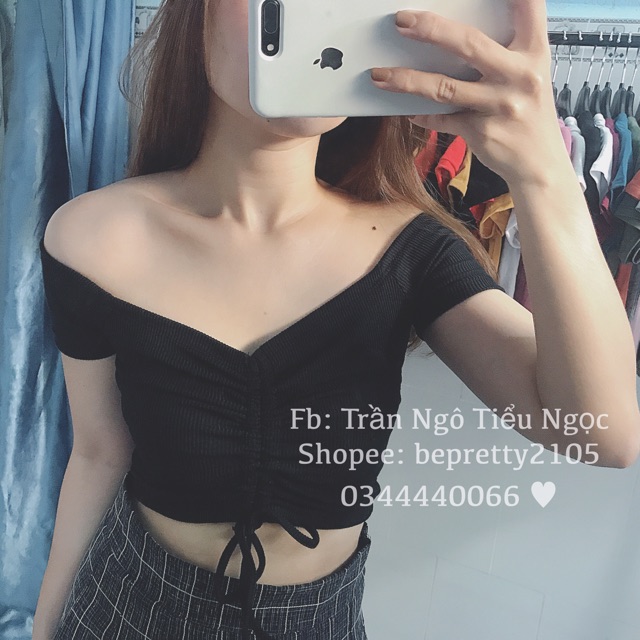 Áo croptop bẹt vai dây rút tay ngắn | BigBuy360 - bigbuy360.vn