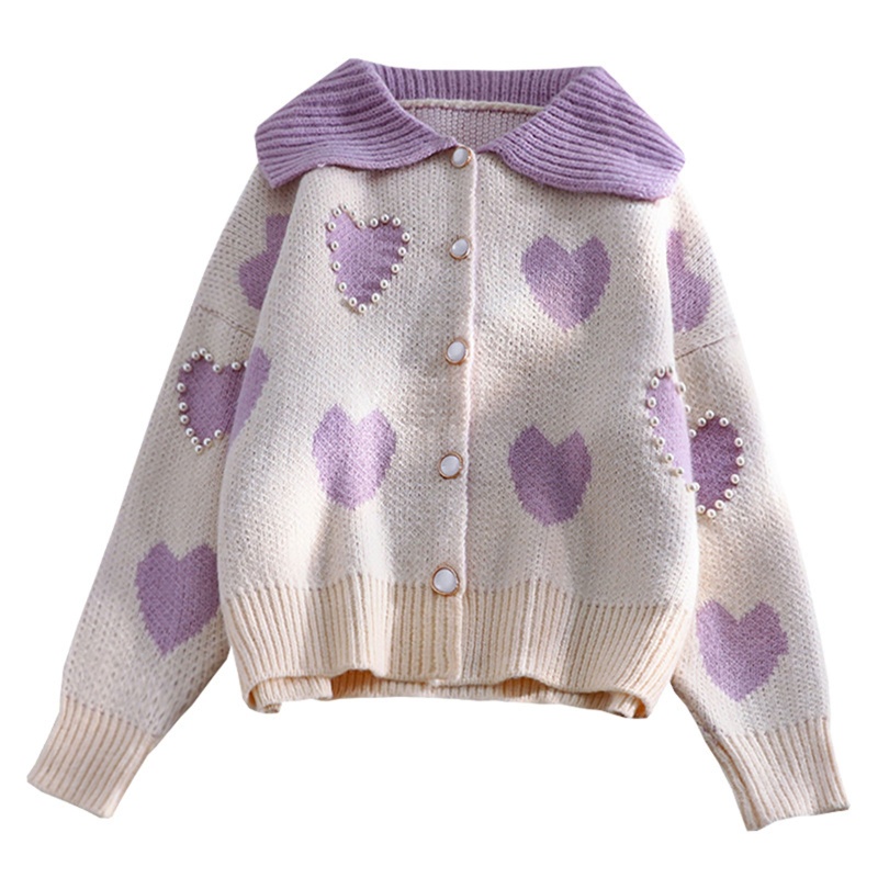 Áo Khoác Cardigan Dệt Kim Tay Dài Cổ Bẻ Đính Hạt Ngọc Trai Phong Cách Preppy Ngọt Ngào Mùa Thu Cho Nữ Bu