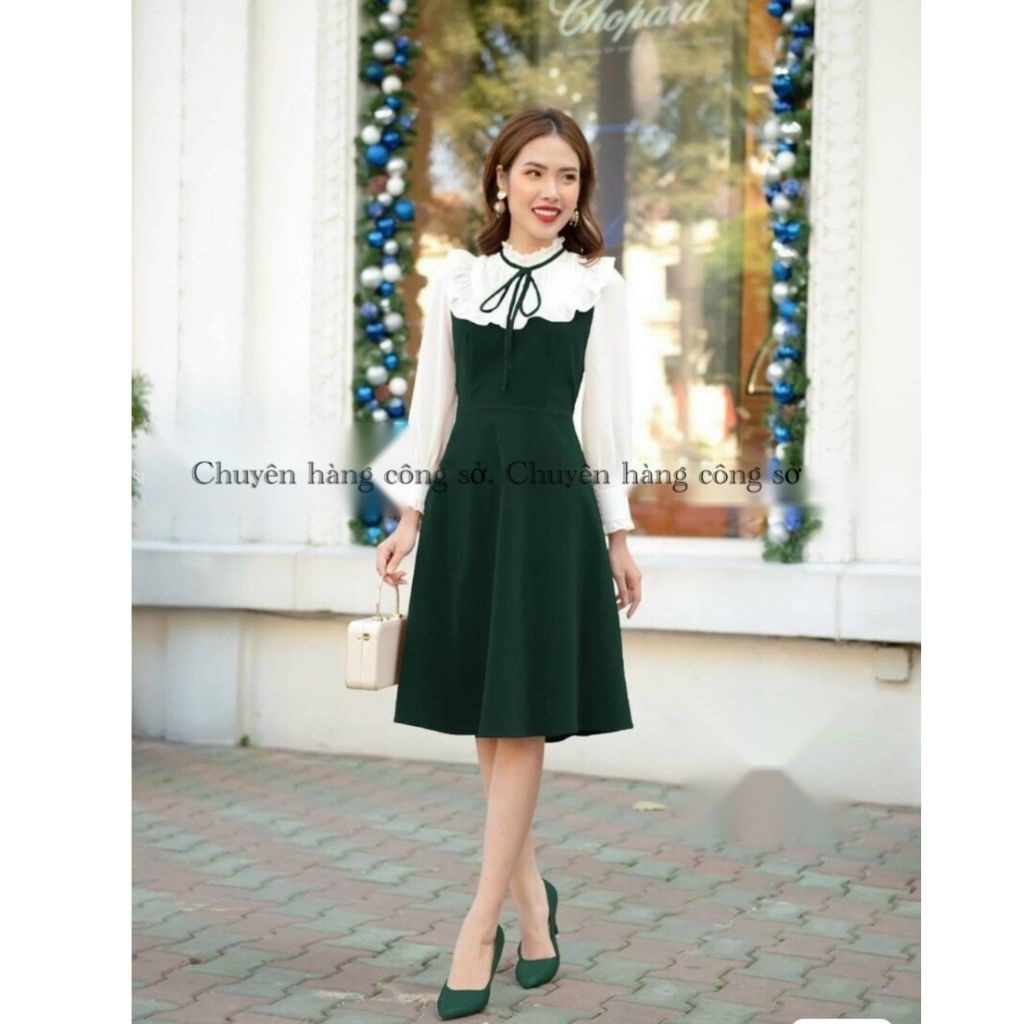 Váy nữ Thiết Kế xòe dài tay nơ cổ Đầm nhung dự tiệc sang chảnh HN clothing v23 | BigBuy360 - bigbuy360.vn