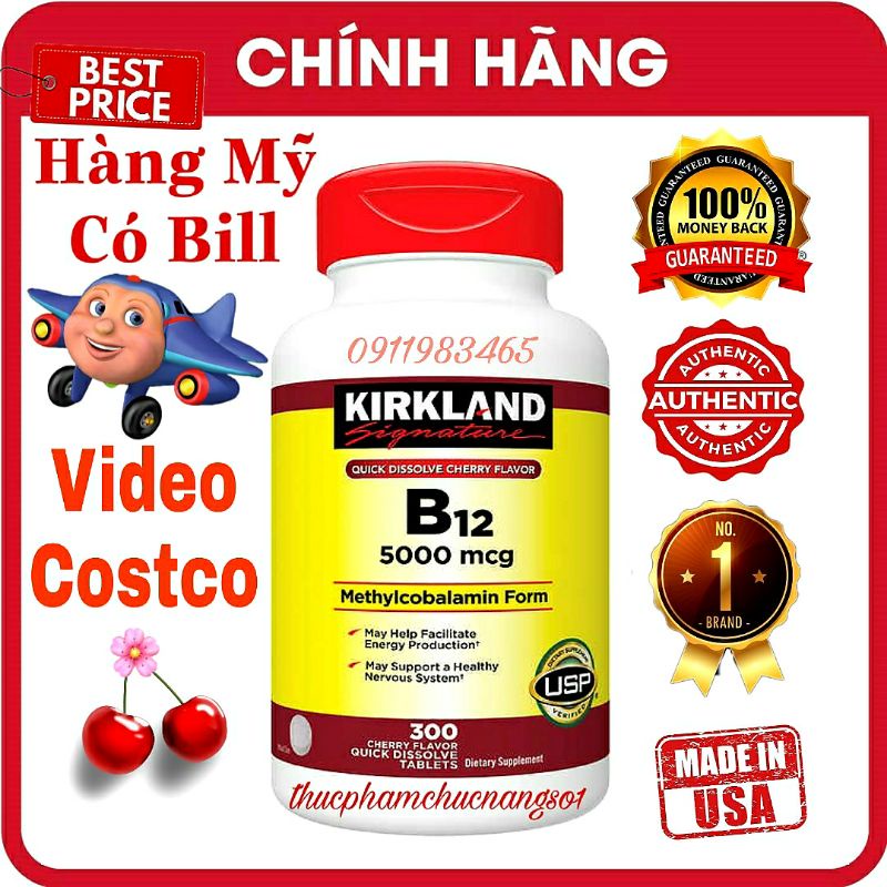 Vitamin B12 Kirkland Signature 5000mcg 300 Viên Uống Bổ Sung Vitamin B12 Cam Kết Chính Hãng