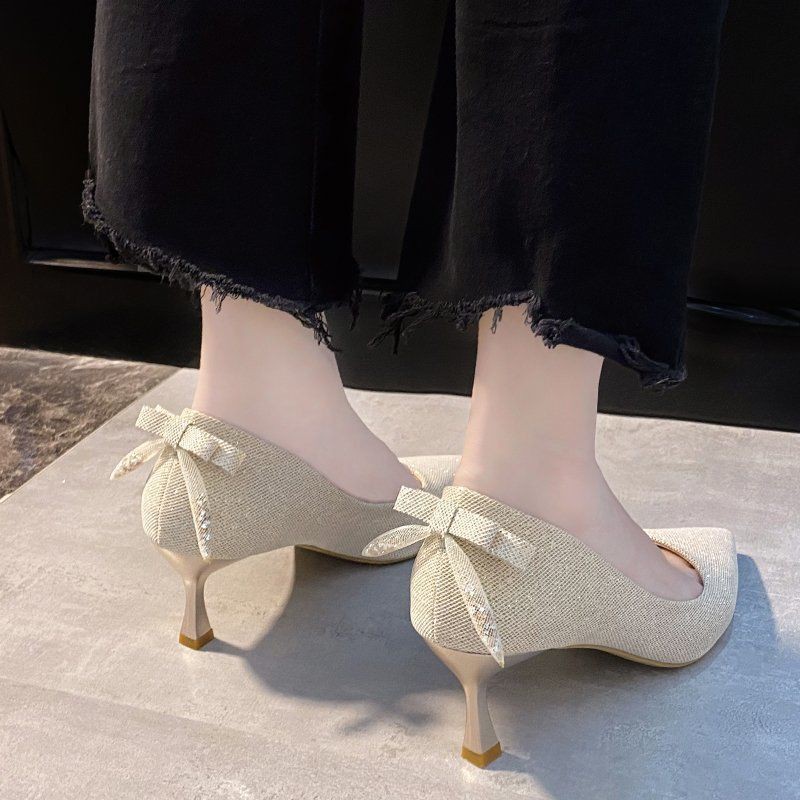 ♝Single shoes female autumn new style temperament bow mid-heel stiletto high heels fairy women s wedding bridesmaid