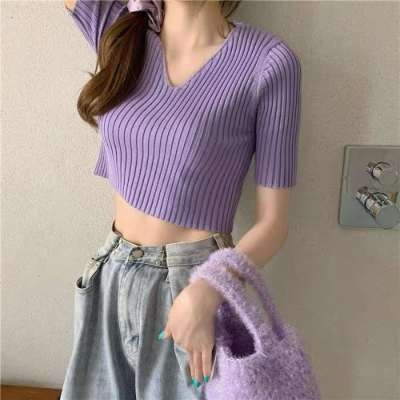VVvn Áo Thun Dệt Kim Ngắn Tay Cổ Chữ VDáng Ôm Màu Sắc Kẹo Ngọt Xinh Xắn